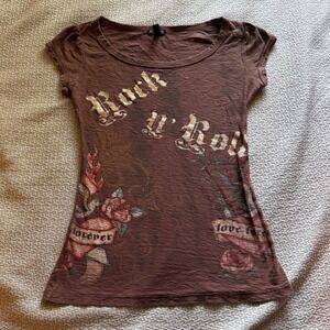Fang Womens Brown Rock N Roll Graphic Tee Gold Glitter Tattoo Rose Cap Sleeve L